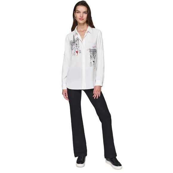 KARL LAGERFELD PARIS Embellished Eiffel Tower Button-Down Top White Size XL $99 - Picture 4 of 6